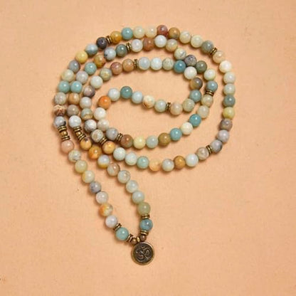 108 Natural Stone Mala Beads Yoga Jewelry Meditation Bracelet Necklace with om Charm - style: Amazonite