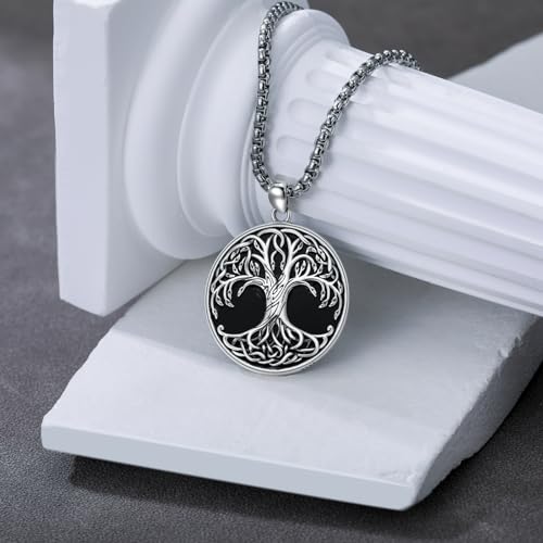 Tree of Life Necklace 925 Sterling Silver Round Tree of Life Pendant Jewelry for Men Women, w/Stainless Steel Chain 22''+2'' - style: A06-Obsidian
