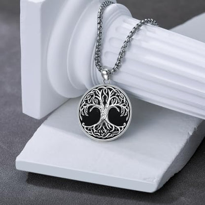 Tree of Life Necklace 925 Sterling Silver Round Tree of Life Pendant Jewelry for Men Women, w/Stainless Steel Chain 22''+2'' - style: A06-Obsidian