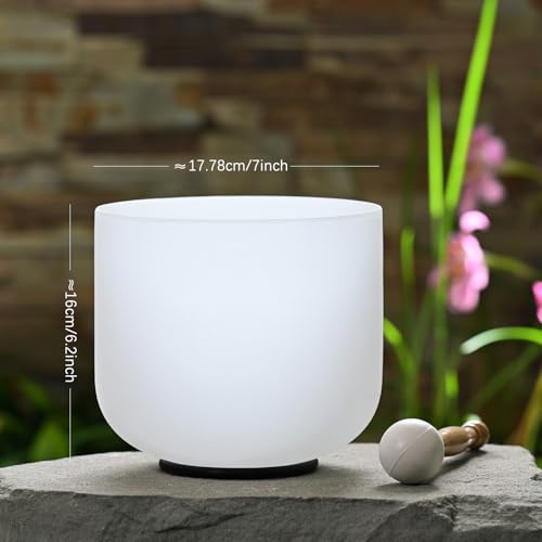 432HZ 7 Inch F Note Heart Chakra Frosted Quartz Crystal Singing Bowl Meditation Therapy Sound Healing Bowl with Mallet O-ring and White Carry Bag - size: 7 inch F