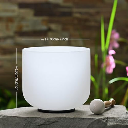 432HZ 7 Inch F Note Heart Chakra Frosted Quartz Crystal Singing Bowl Meditation Therapy Sound Healing Bowl with Mallet O-ring and White Carry Bag - size: 7 inch F