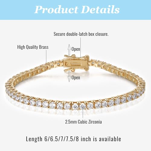 2.5mm Tennis Bracelet, 2.5mm Thin 18K White Gold Plated Cubic Zirconia Tennis Bracelet for Women - color: Gold Plated, size: 2.5mm 6 inch