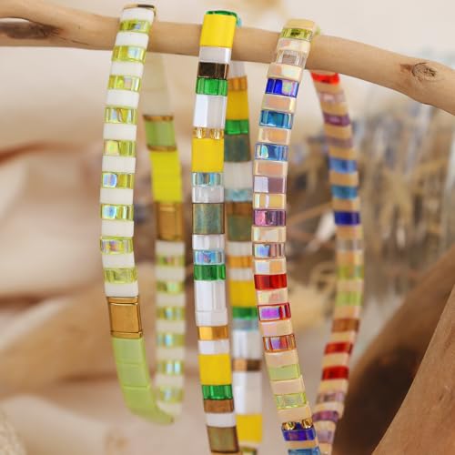 Tila Flat Beaded Stretch Bracelets for Women, Trendy Unique Handmade Stackable Green Blue Square Beads Miyuk Link Bracelet Summer Jewelry Gift - color: Yellow White