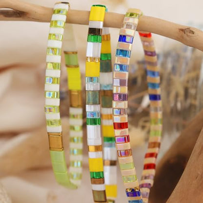 Tila Flat Beaded Stretch Bracelets for Women, Trendy Unique Handmade Stackable Green Blue Square Beads Miyuk Link Bracelet Summer Jewelry Gift - color: Yellow White