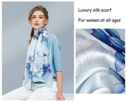 100% Mulberry Silk Long Scarf for Women Large Shawls for Headscarf and Neck- Oblong Hair Wraps with Gift Packed - color: Dusty Blue Peony