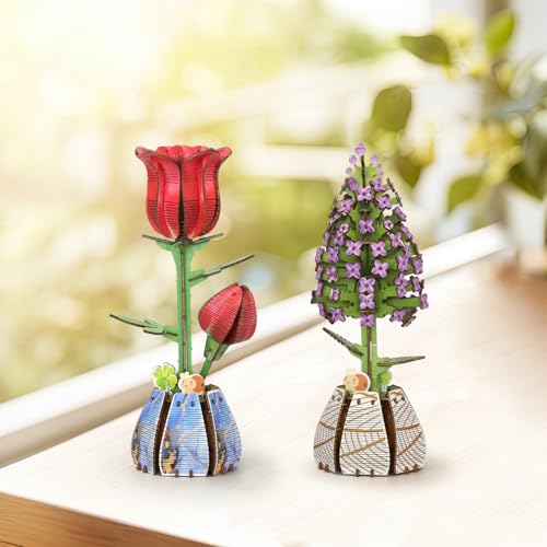 Jege 3D Flower Wooden Puzzles for Adults, DIY Building Set with 2 Flowers, 2 Perfume Bottles & Diffuser Sticks, Creative Craft Gifts & Home Decor (Rose + Lilac) - color: Rose&lilac