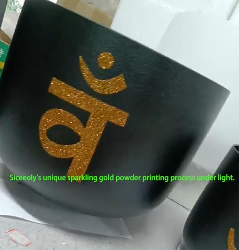 7-12 inch 432HZ Gold Powder Printing Black Chakra Crystal Singing Bowls Set of 7 Meditation Bowl Frosted Healing Quartz Bowls with 2 Travel Carry Case Bag 2 Mallet Suede 2 Strikers 7 O-rings