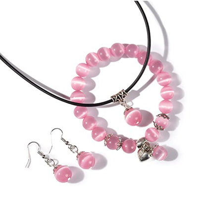 Natural Stretch Gemstone Bracelet Healing Stone Beaded Bracelets for Women Men Gifts (Unisex) - color: Pink 3pc