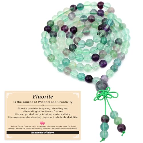 AD Beads 6mm 8mm 108 Prayer Mala Jasper Elastic Bracelet - Handmade Yoga Meditation Healing Power Energy Gifts for Unisex Adult. - color: Fluorite(Creativity)