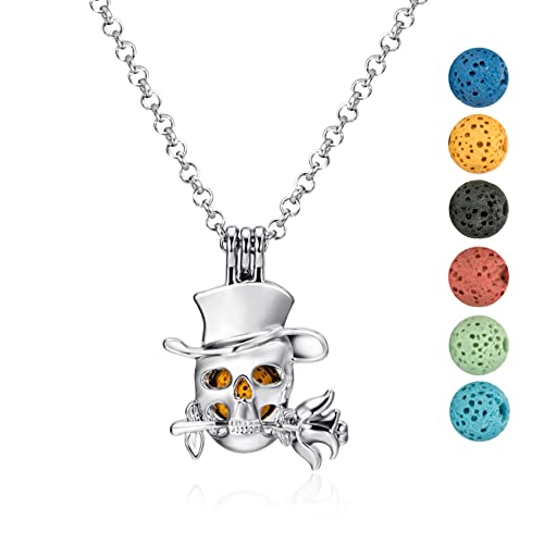 Wild Essentials Top-hat Skull Essential Oil Diffuser Necklace Gift Set with Inner Calm & Relax Oils – Nickel Free Alloy Pendant with 6 Lava Stones – USA Made Oils & Perfume Necklace – Family Company - color: Silver Skull, size: 2 Oils