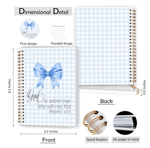 XUNLURY Blue Coquette Bow Christian Notebook, God Is Within Her She Will Not Fall Bible Journal, Preppy Blue Plaid Christian Journal for Women, Bible Study Hardcover Spiral Notebooks, 5.5x8.3 Inch - color: Color_D