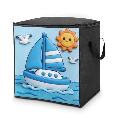 Carolina Blue White Sailing Boat Storage Bag Portable Closet Organizer Storage Bags Quilt Storage Bags with Zippered Breathable Storage Bag with Carry Handles for Blanket Pillow Bedding