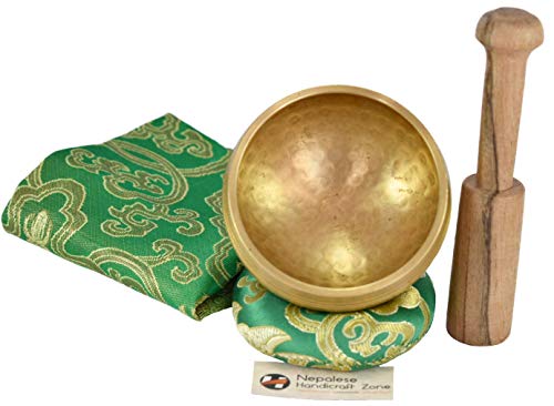 NHZ Meditation Yoga Singing Bowl Set With Mallet, Cushion & Brocade Bag - For Meditation, Chakra Healing, Prayer,Yoga, and Mindfulness (3 Inch Green) - color: Green