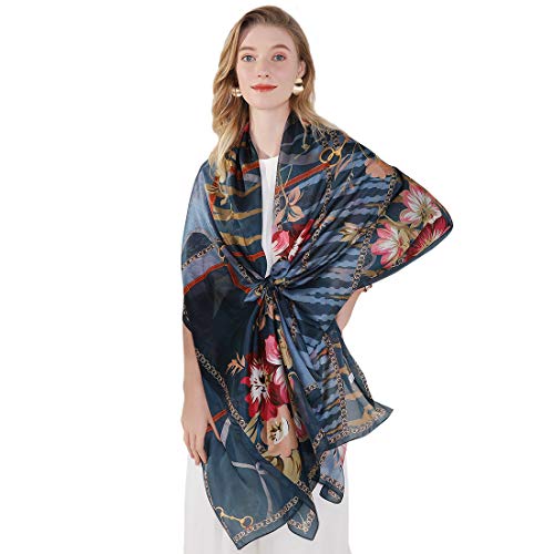 DANA XU Women's 100% Mulberry Silk Pashmina Shawl and Wraps Extra Large Floral Scarf for Evening Dresses, Soft Oversized - color: 81 Blue