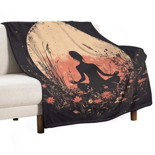Vintage Rustic Meditating Throw Blanket for Couch Bed, Soft Cozy Floral Moon Yoga Fantasy Sofa Decor Blankets for Women, Men, 60"x80" - color: Vintage Rustic Meditating, size: 60"x80"