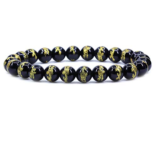 Keleny Gem Semi Precious Gemstones 8mm Natural Stone Round Beads Crystal Stretch Bracelets 7 Inch Unisex - color: 8mm Dragon Plated Black Agate