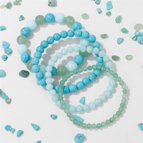 4pcs Beaded Bracelets for Women,Natural Healing Crystal Gemstones Bracelet,Anxiety Stress Relief Bracelet Handmade purple Jewelry Gifts for Women - color: Green Aventurine&Amazonite&Green Turquoise