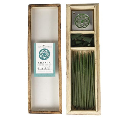 Pacific Giftware Heart Chakra Wooden Incense Gift Set, Mint Scented Incense, Complete Wooden Box with Sticks, Cones, and Holder, Healing Aromatherapy Relaxation Gift for Yoga and Meditation 10" L
