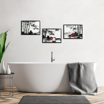 Biuteawal 3 Panels Zen Wall Art Black and White Bathroom Decor Zen Stone with Bamboo Picture Print Peaceful Artwork Painting Spa Living Room Kitchen Bedroom Framed