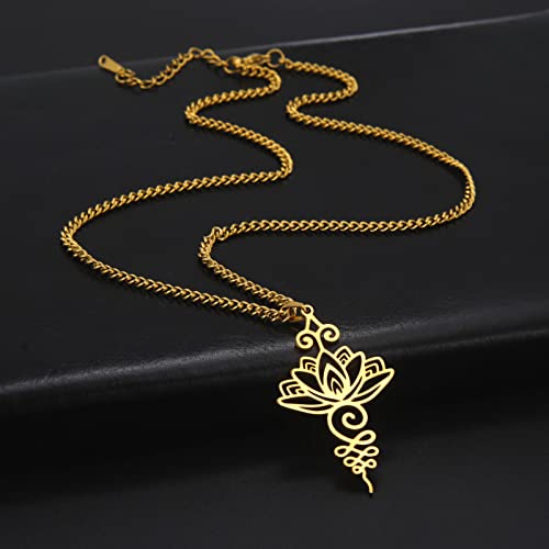Dreamtimes Lotus Flower Pendant Necklace for Women Yoga Healing Charms Unalome Symbol Amulet Stainless Steel Jewelry Lotus Flower Necklace Buddha Yoga Necklace - color: GOLD