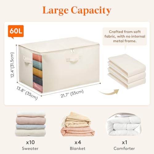 Lifewit Canvas Cotton Comforter Storage Bags with Zipper 4 Pack, 60L Breathable Foldable Clothing Containers, Linen Sweater Organizers Boxes for Clothes, Blankets, Pillows, Duvets, Bedding