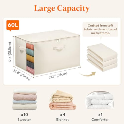 Lifewit Canvas Cotton Comforter Storage Bags with Zipper 4 Pack, 60L Breathable Foldable Clothing Containers, Linen Sweater Organizers Boxes for Clothes, Blankets, Pillows, Duvets, Bedding