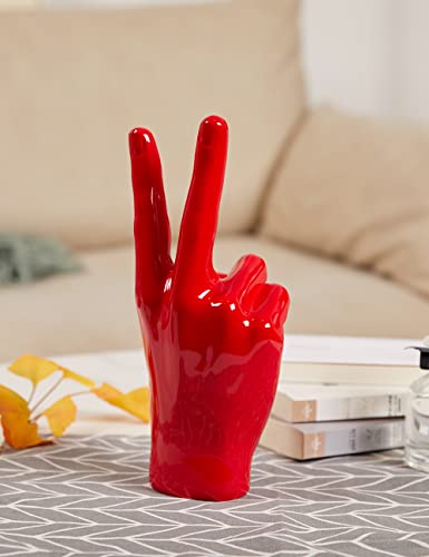Victory Gesture Hand Statue Sculpture Modern Home Decor Table Centerpiece Art Figurine Gift for Bookshelf Desktop Office Red 11 Inch
