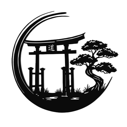 JEWLOVE Japanese Wall Art, Japanese Wall Decor - Zen Torii Gate with Bonsai Tree Metal Sign, Asian Decor for Home Office, 12.8x12.2 Inch - color: Japanese Torii Gate