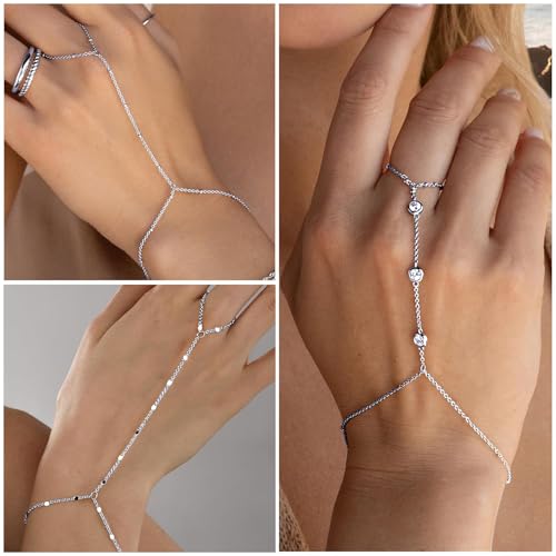 3PCS 14K Gold-Plated Hand Chain Bracelets for Women, Stack Bracelets Set Adjustable, Trendy Dainty Ring Bracelet Hand Chain - color: sliver-3-dainty