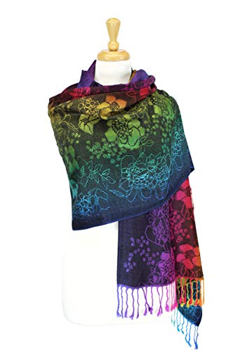 PASKMLNA Double Side Multi Colors Silky Tropical Colorful Exotic Pashmina Wrap Shawl Scarf Rave - color: 051-navy Multi Feathers