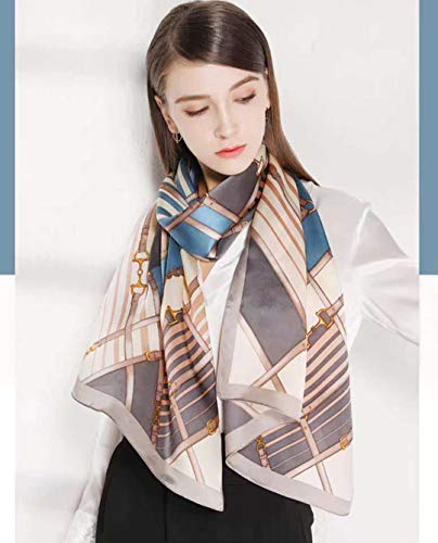 100% Mulberry Silk Long Scarf for Women Large Shawls for Headscarf and Neck- Oblong Hair Wraps with Gift Packed - color: Cream&blue Belts