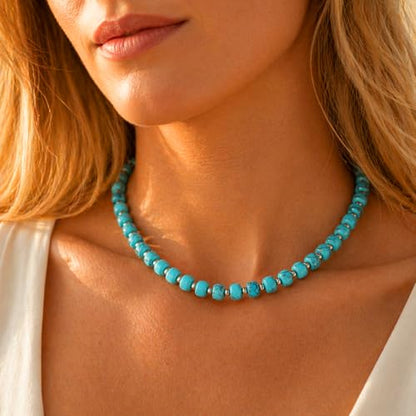 Sheplus 925 Sterling Silver Genuine Turquoise Beaded Necklace for Women,15.5-18 Inch Adjustable Choker Natural Blue Stone Jewelry, Dainty Western Gift for Her