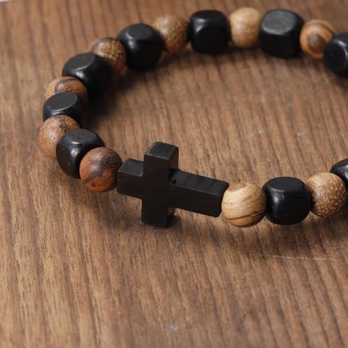 MILAKOO Wooden Bracelet with Black Stainless Steel Cross Charms Bead Christian Gifts for Women Men - color: C4