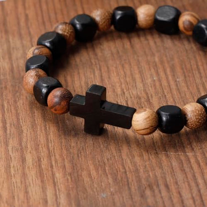 MILAKOO Wooden Bracelet with Black Stainless Steel Cross Charms Bead Christian Gifts for Women Men - color: C4