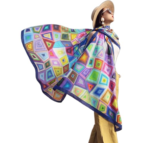 100% Mulberry Extra Large Silk Pashmina Scarf Shawls And Wraps For Women Evening Dress Summer Travel Floral Blanket - color: Multicolor Square Pattern