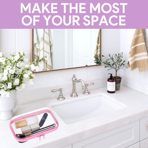 2Pcs Pink Frame Hard Shell Zipper Case, Travel Organizer with Clear Zipper Pouches Hard Shell Design, Multipurpose Clear Makeup Bag for Snacks, Toiletries Stationery Doll Storage (7.9x3.9 Inch)