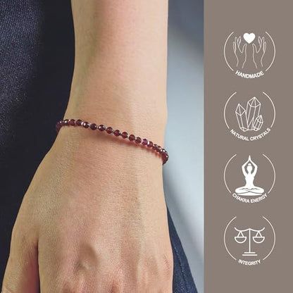 Natural Crystal Silver Bracelet, 0.12" Faceted Stone Beads Adjustable Jewelry for Women, Handmade Crown Chakra Design for Meditation & Spiritual Gifts - color: Brown Garnet