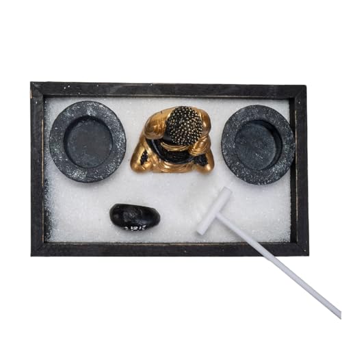 Summit Collection Gifts Meditation Zen Garden Set with Black and Gold Buddha Figurine Two Tea Light Candle Holders White Sand Decorative Wood Display Tray Decor 9" x 5"