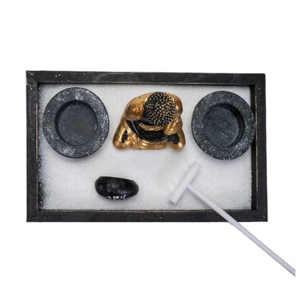 Summit Collection Gifts Meditation Zen Garden Set with Black and Gold Buddha Figurine Two Tea Light Candle Holders White Sand Decorative Wood Display Tray Decor 9" x 5"