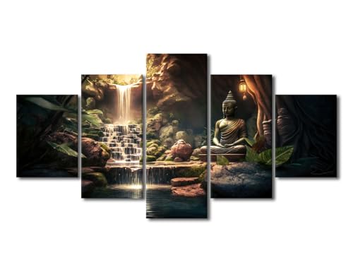 Canvas Wall Art Zen Garden with Lotus Flower Wall Painting 5 Pieces Buddha Statue Wall Art for Living Room Decor Zen Buddha Wall Picture for Bedroom Posters & Prints Framed Ready to Hang (60''Wx32''H) - color: Artwork-03, size: 60''Wx32''H