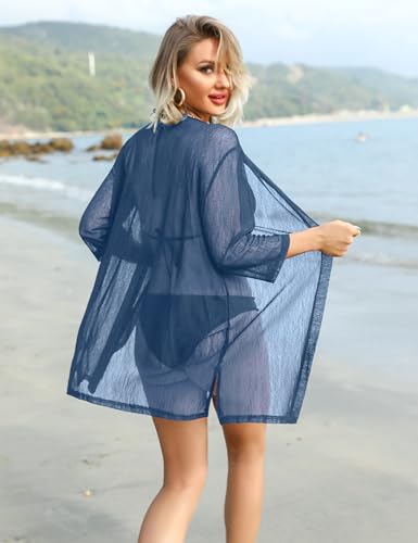 iClosam Women Casual 3/4 Sleeve Sheer Open Front Cardigan Sweater Kimono - color: Gray Blue, size: Medium