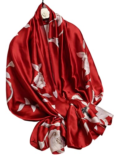 Large Shawl Scarf For Women Lightweight Wraps Silky Headscarf Long Sunscreen Scarfs - color: T19 Red Peony / 70"x 35"