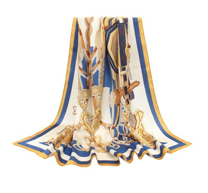 100% Pure Mulberry Silk Scarf 35" Large Square Lightweight Headscarf –Women’s Hair Wraps-With Gift Packed - color: Gold&blue