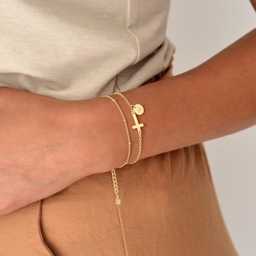 M MOOHAM Layered Initial Cross Bracelets for Women Teen Girls - 14K-Gold-Plated Disc Letter A-Z Cross Bracelet Jewelry Christian Gifts for Women Baptism Confirmation Gift for Teen Girls - color: E