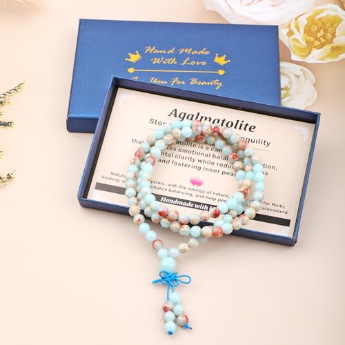 AD Beads 6mm 8mm 108 Prayer Mala Jasper Elastic Bracelet - Handmade Yoga Meditation Healing Power Energy Gifts for Unisex Adult. - color: Agalmatolite (Peace)