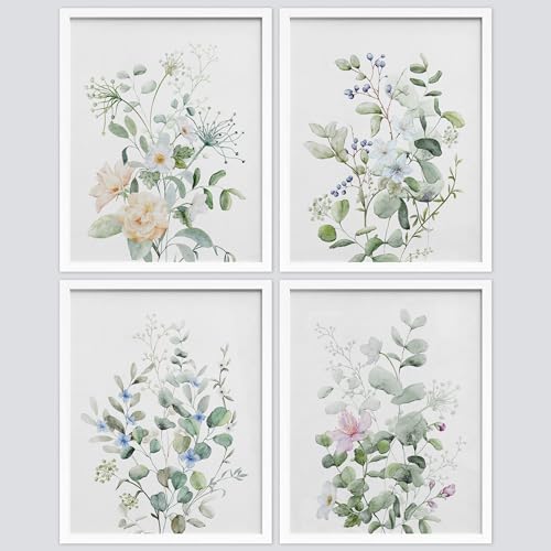 SIGNWIN Framed Poster Watercolor Greenery and White Flower Elegant Botanical Nature Illustration Decorative Country/Farmhouse Rustic Cozy Zen for Living Room, Bedroom, Office - 12"x16"x4 White - color: A46-2304-m01, size: 12"L x 16"W, style: White Frame
