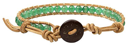 Infinityee888 Leather Bracelet Light Brown Wrap Beads Natural Stone Adjustable for Men Women Teen Yoga Handmade Bohemian Gypsy Boho - color: Green