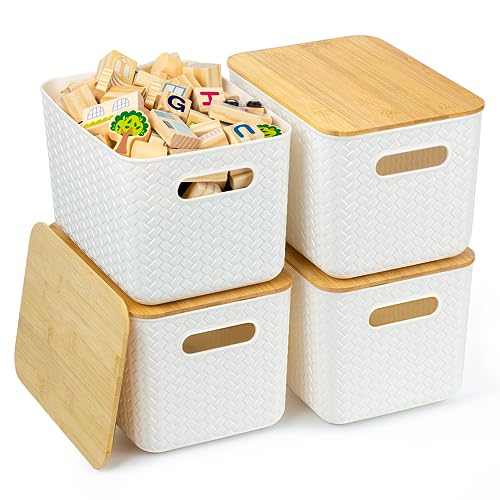 Ohmlove 4 Packs Storage Bins with Bamboo Lids - Plastic Storage Containers with Lids Stackable Storage Box：Storages Baskets for Organizing Desktop Closet Playroom Classroom Office,White - color: White