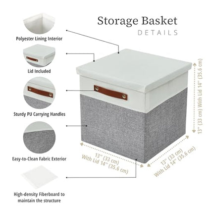 DECOMOMO Storage Basket with Lid, Storage Cubes with Handles, Fabric Box with Lid (Grey and White, 11” / 3 Pack)