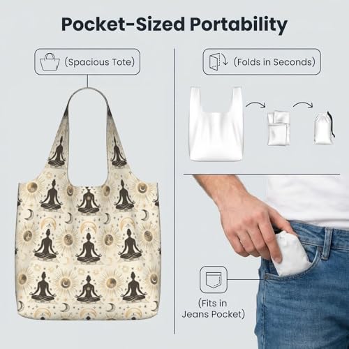 Yoga Meditation (10) For Foldable Shopping Bag, Washable Storage Tote For Work And Travel